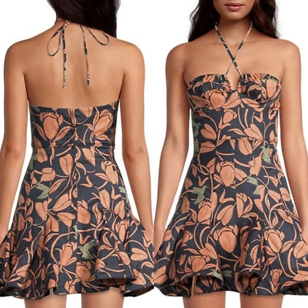 NWT Agua by Agua Bendita Simbolo Anturio Flora Linen Mini Dress in Medium $550